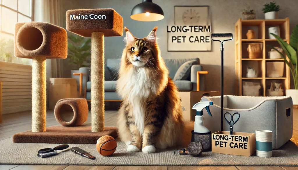 Maine Coon cat surrounded by long-term pet care essentials, including scratching posts, grooming tools, and toys, highlighting the commitment and costs involved in Maine Coon ownership.