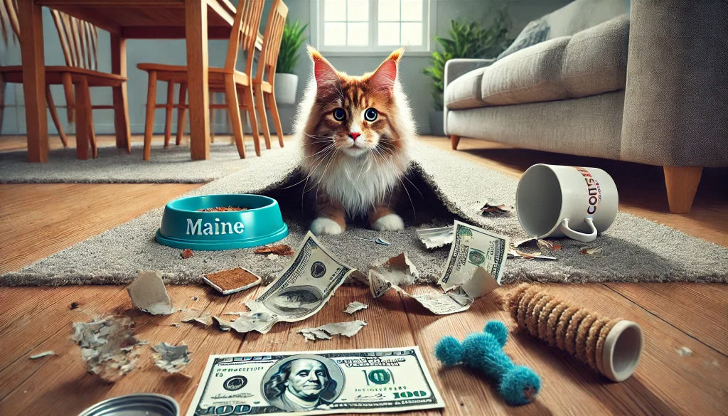 Maine Coon cat amidst scattered dollar bills, broken items, and torn papers, illustrating the unexpected costs and potential property damage associated with owning a Maine Coon.