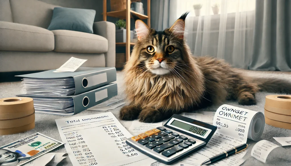 Maine Coon cat surrounded by financial documents, calculator, and receipts, symbolizing the detailed budgeting and total ownership costs involved in caring for a Maine Coon.