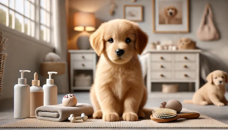 Mini golden retriever puppy in a cozy home setting with grooming supplies, looking directly at the camera, showcasing a warm and friendly environment.