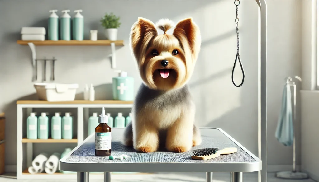 A well-groomed dog on a grooming table, surrounded by tools and products, highlighting care and maintenance.