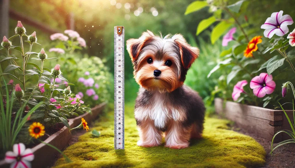 A small dog with a measuring tape, showcasing their petite size amidst a colorful garden.