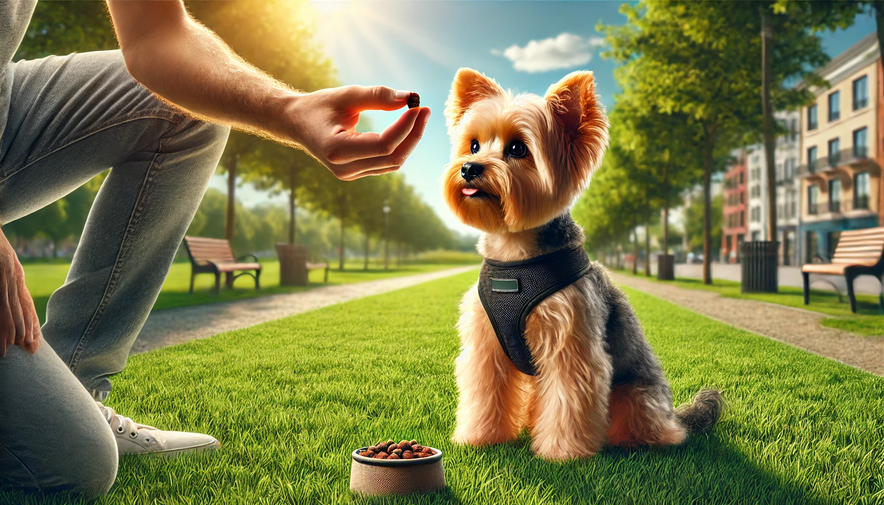 A Yorkie being trained in a sunny park, emphasizing their intelligence and trainability.