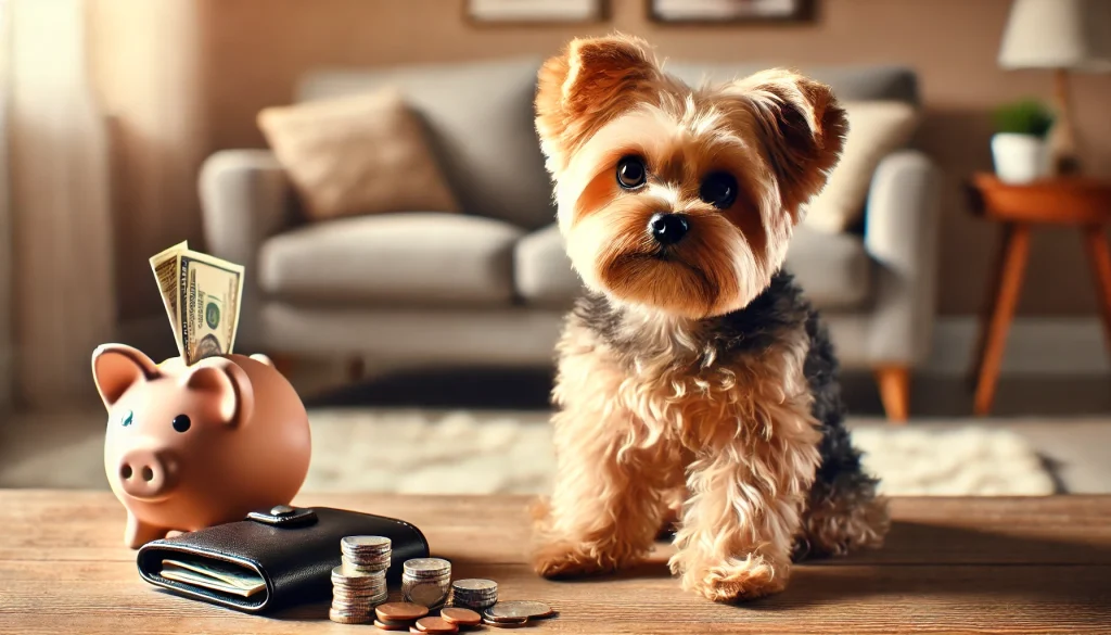 A Yorkie sitting beside a piggy bank and coins, symbolizing the cost and value of owning this adorable breed.