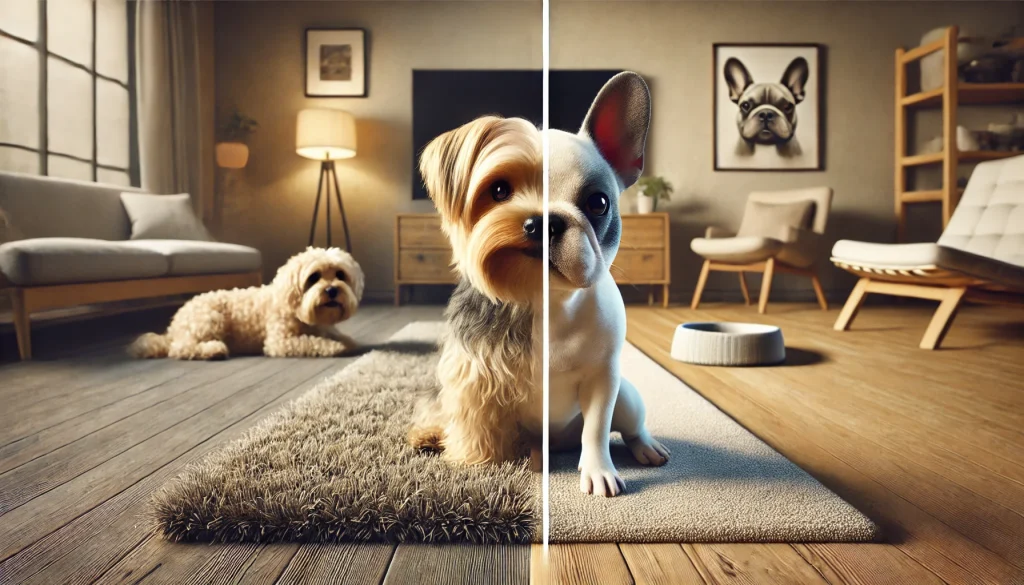  A cozy living room showcasing a split view of two small dogs, highlighting their unique appearances and characteristics.