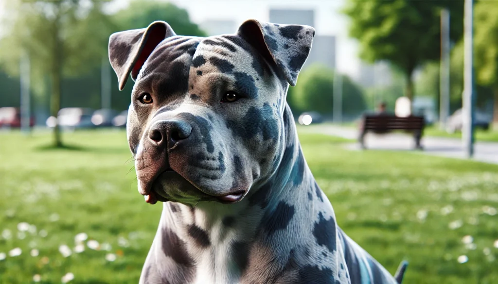 Photorealistic image of a muscular and confident Merle Pitbull with a distinctive blue, black, and grey mottled coat, standing proudly in an outdoor grassy park.