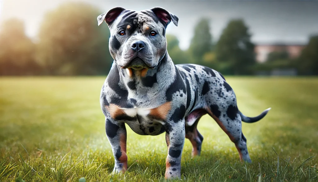 Photorealistic image of a rare Merle Pitbull in a grassy field, with a distinctive mottled coat of blue, black, and grey patches, evoking a sense of exclusivity.