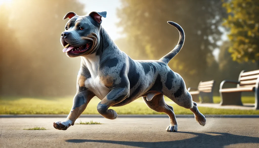 Photorealistic image of a healthy and energetic Merle Pitbull running or playing in a sunny park, showcasing its vitality and long lifespan.