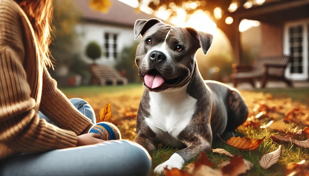 Photorealistic image of a friendly and affectionate Merle Pitbull in a warm, family-friendly park, interacting with a person, showcasing its loyalty and intelligence.