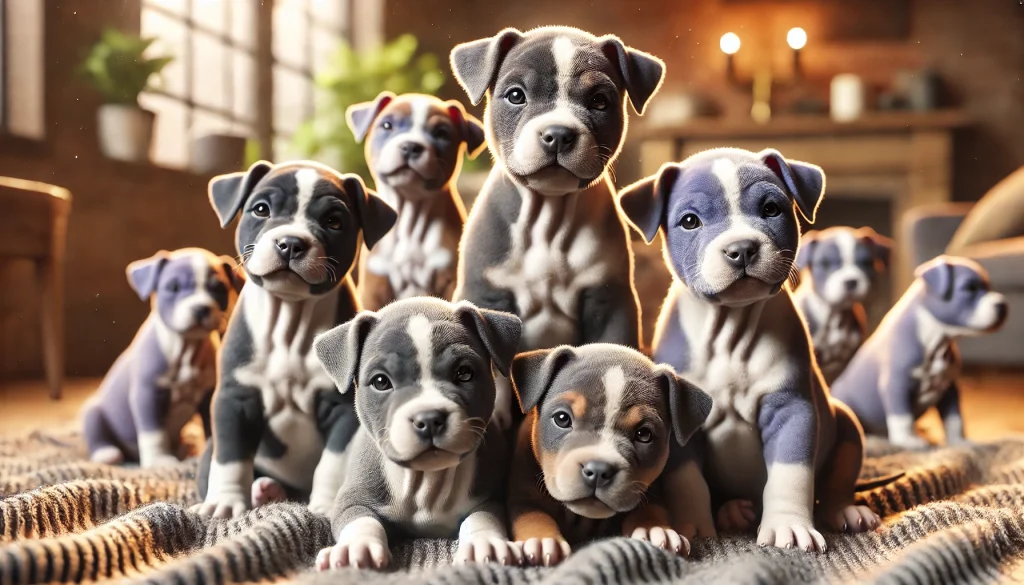 Photorealistic image of a group of playful and adorable Merle Pitbull puppies, displaying various coat patterns (blue, black, lilac Merle), interacting with each other in a cozy, inviting setting.