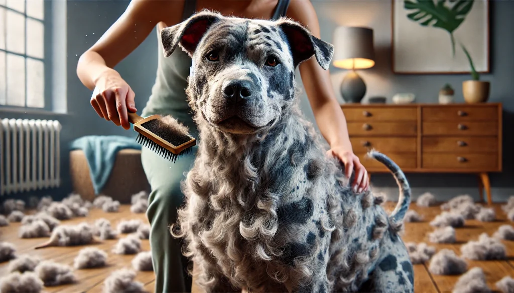 Photorealistic image of a Merle Pitbull being groomed in an indoor setting, shedding a few hairs, highlighting the dog's short coat and the reality that it is not hypoallergenic.