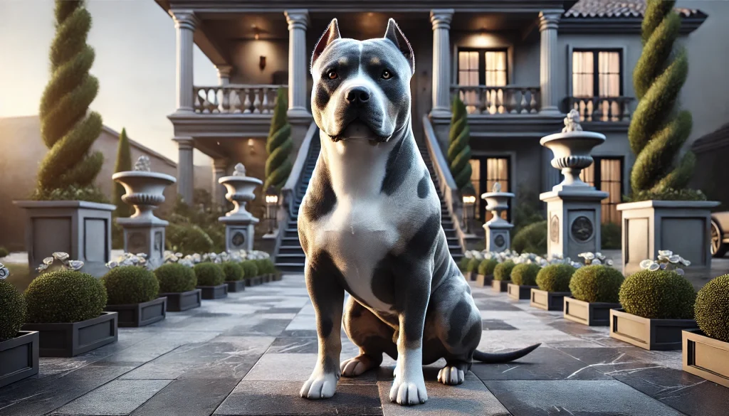 Photorealistic image of a regal Merle Pitbull with a stunning blue, black, and grey coat, standing in an elegant outdoor setting, evoking the dog's premium status and high cost.