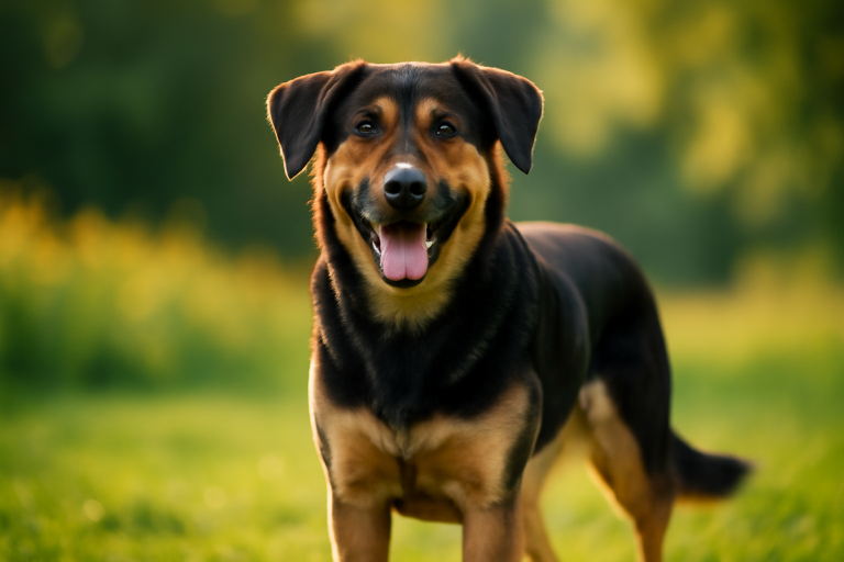 A beautiful adult German Shepherd Lab mix, also known as a Sheprador, standing happily in a sunny park with a classic black and tan coat.