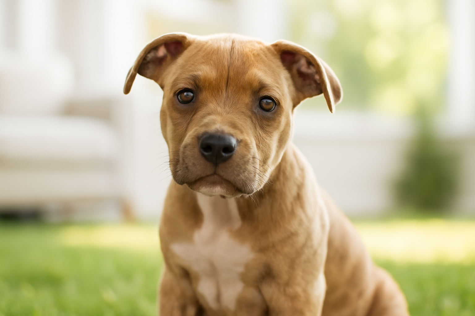 A healthy and adorable brindle Pitbull puppy sitting in the grass, representing the start of the journey for owners of Pitbull puppies.