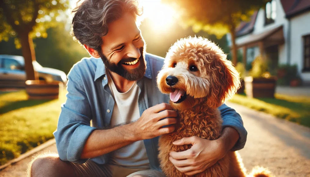 A man and his mini Goldendoodle dog sitting on a pathway, enjoying each other's company in a sunny outdoor setting, with the dog looking up at the man happily.