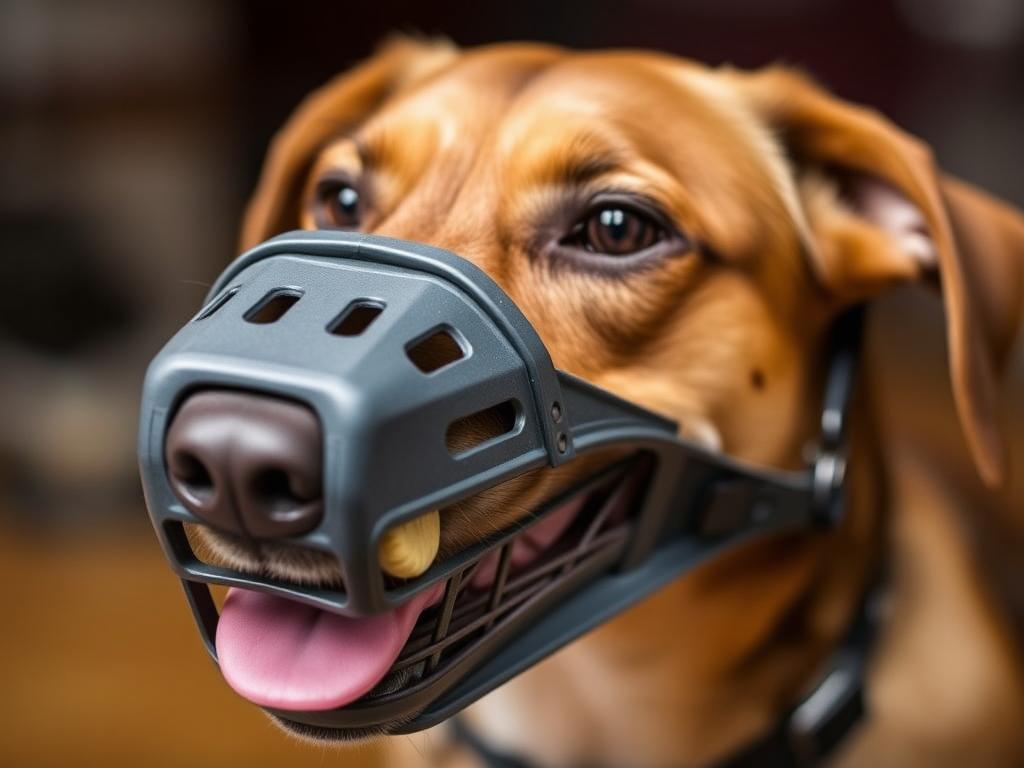 A dog happily wearing a muzzle while receiving treats through the basket design A dog happily wearing a muzzle while receiving treats through the basket design
