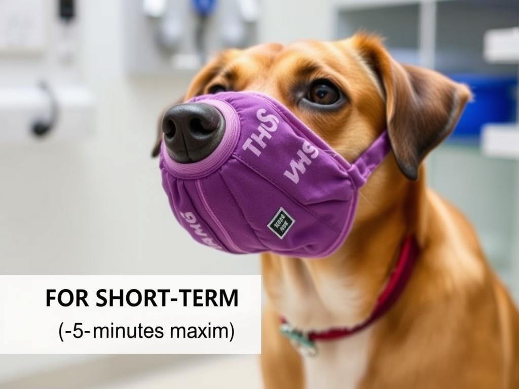 A dog wearing a soft fabric muzzle with a warning about limited use time A dog wearing a soft fabric muzzle with a warning about limited use time