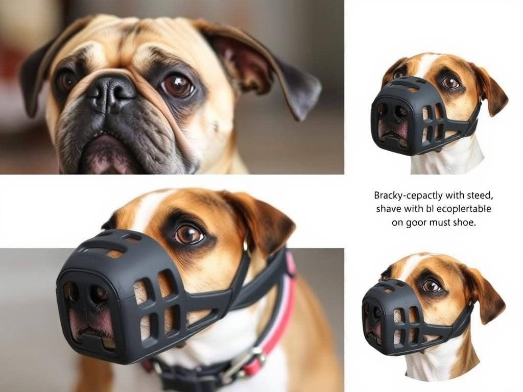 A dog with a unique snout shape wearing a custom-fitted muzzle A dog with a unique snout shape wearing a custom-fitted muzzle