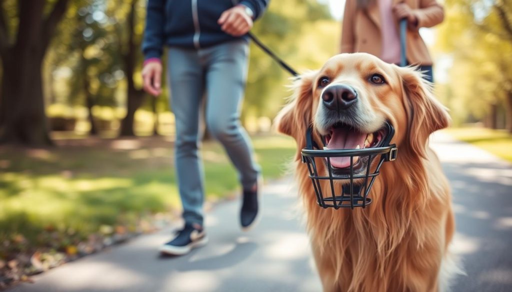 A happy dog wearing a basket muzzle while walking in a park, demonstrating that muzzles can provide freedom and safety