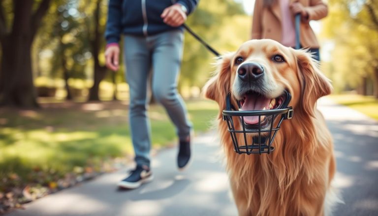 A happy dog wearing a basket muzzle while walking in a park, demonstrating that muzzles can provide freedom and safety