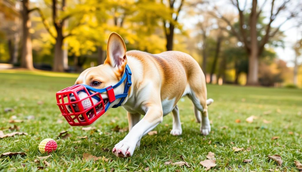 A happy dog wearing a colorful basket muzzle playing in a park, challenging the stereotype that muzzled dogs are aggressive A happy dog wearing a colorful basket muzzle playing in a park, challenging the stereotype that muzzled dogs are aggressive