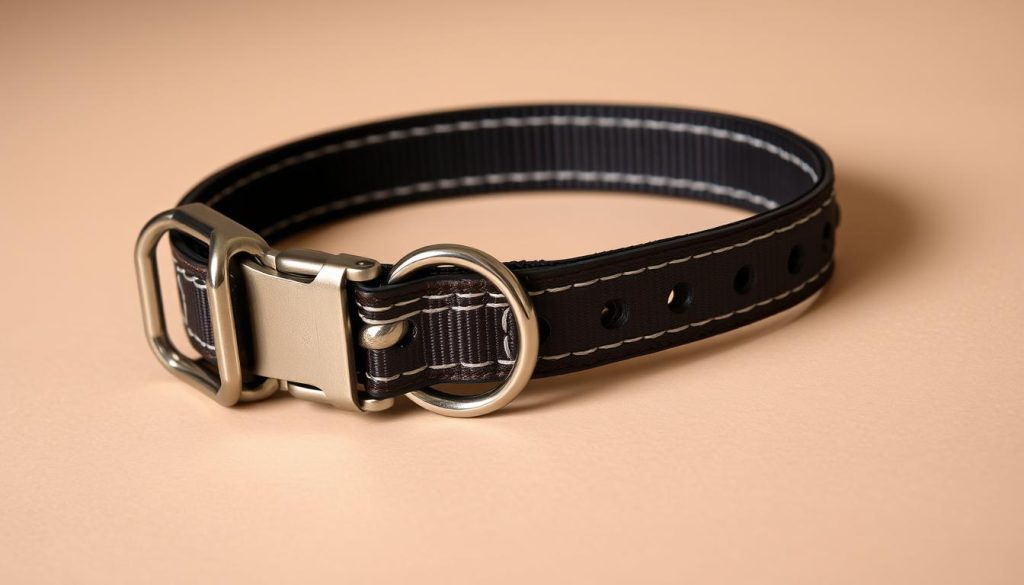 A highly detailed, well-lit still life photograph of a sturdy, high-quality dog collar lying on a neutral background. The collar should be made of durable, high-tensile leather or webbing, featuring heavy-duty metal hardware like a strong buckle and d-ring. The collar should have reflective strips or trim to enhance visibility in low light. The overall composition should convey a sense of safety, durability, and reliability, emphasizing the importance of selecting the right collar to keep dogs secure and protected.