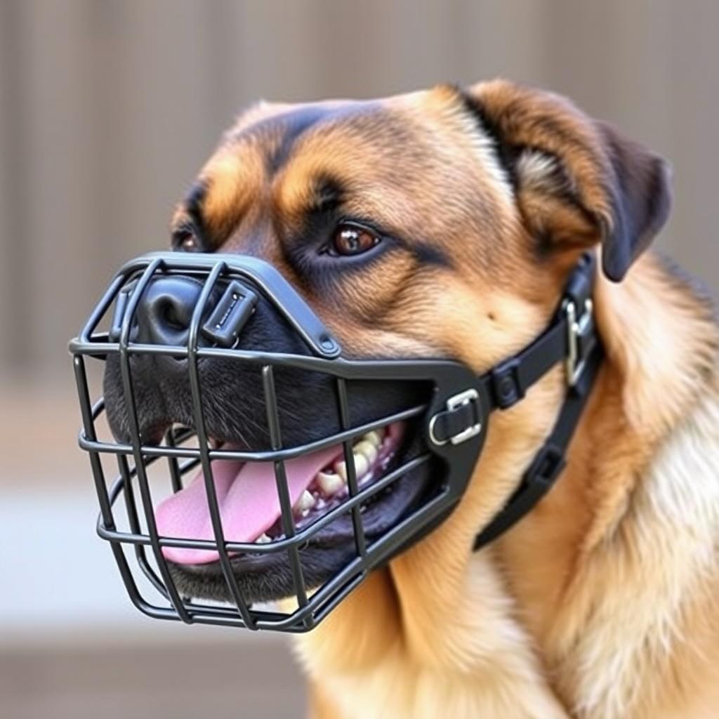 A large breed dog wearing a strong, durable basket muzzle A large breed dog wearing a strong, durable basket muzzle