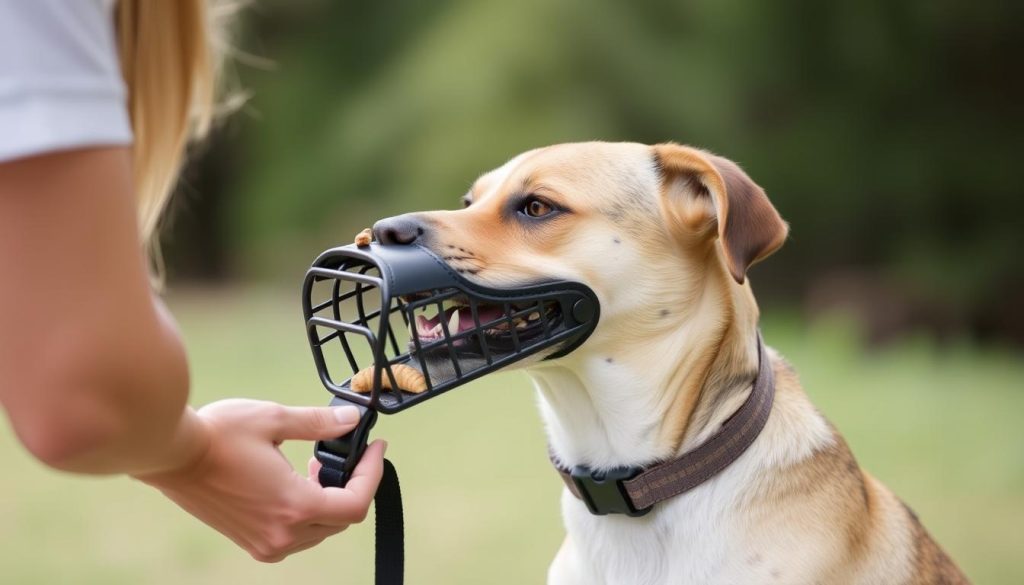 A person training a dog to accept a muzzle using positive reinforcement with treats A person training a dog to accept a muzzle using positive reinforcement with treats