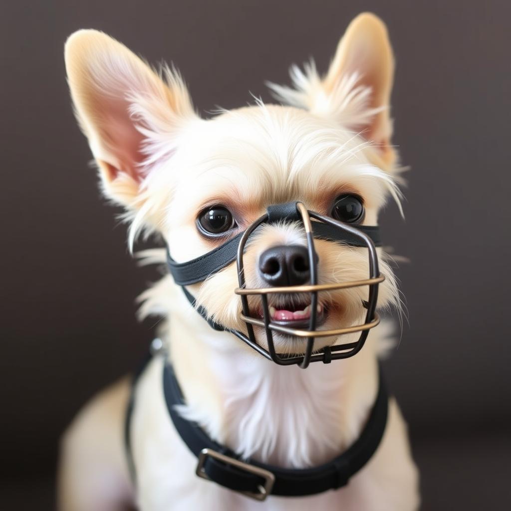 A small dog wearing an appropriately sized basket muzzle for small breeds A small dog wearing an appropriately sized basket muzzle for small breeds