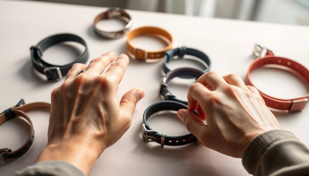 A well-lit, high-resolution image of a person's hands carefully examining and comparing different dog collars on a clean, neutral-colored table. The collars should include a range of materials, colors, and designs to showcase the variety of options available. The focus should be on the collars themselves, with a shallow depth of field to blur the background and draw the viewer's attention to the decision-making process. The lighting should be soft and natural, creating a calming, informative atmosphere that reflects the "Frequently Asked Questions About Dog Collars" section of the article.