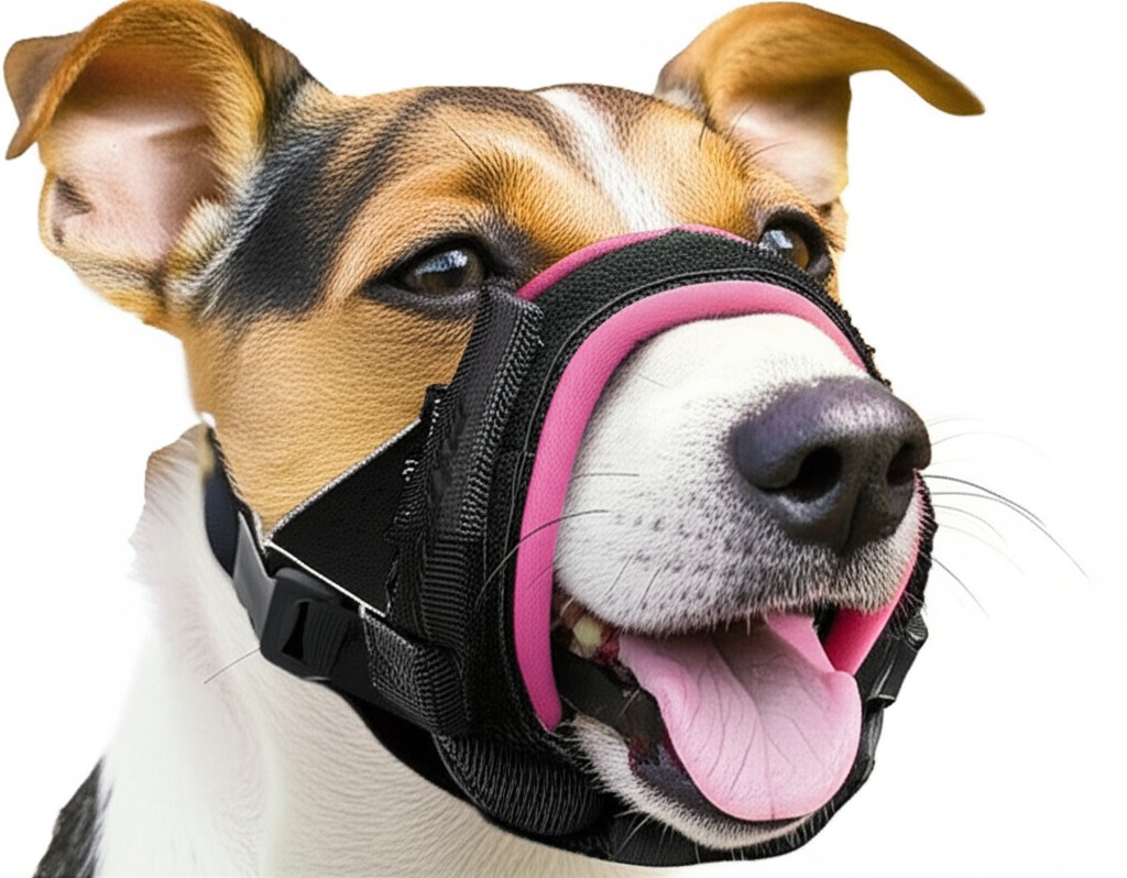 A Jack Russell Terrier wearing the pink and black GoodBoy Gentle Muzzle Guard, a comfortable soft dog muzzle.