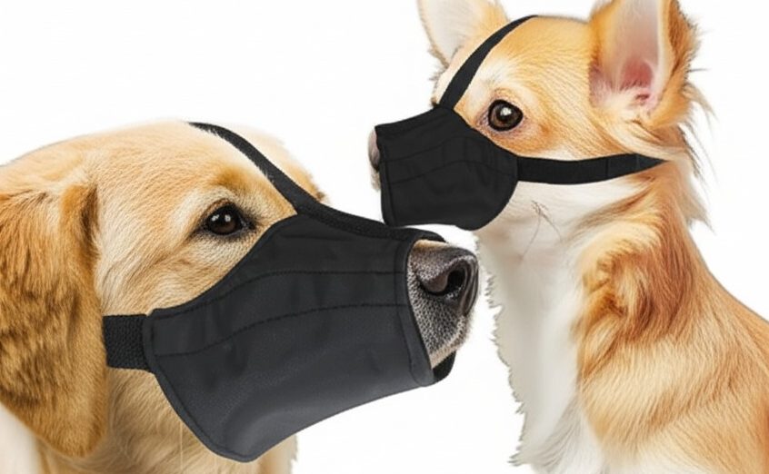 Two small dogs, a Golden Retriever puppy and another small breed, wearing soft black muzzles.