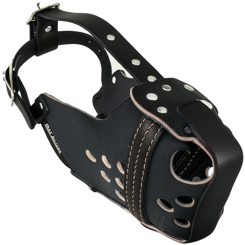 A close-up of the Ray Allen Agitation Muzzle, a heavy-duty leather basket muzzle for Pitbulls.