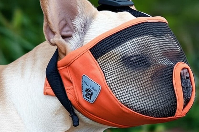 A French Bulldog wearing a comfortable orange and black mesh muzzle designed for brachycephalic breeds.