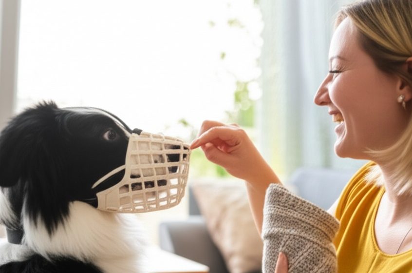 A woman using positive reinforcement to train her Border Collie to accept a muzzle dog muzzle.