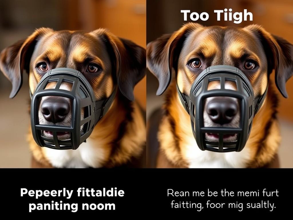 Side-by-side comparison of a dog with proper muzzle fit versus too tight fit Side-by-side comparison of a dog with proper muzzle fit versus too tight fit