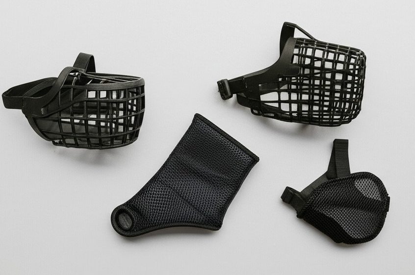 A collection of different types of dog muzzles, including a basket muzzle, soft muzzle, and short-snout muzzle.
