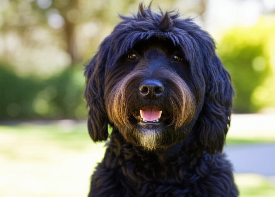 A beautiful Black Goldendoodle sitting in a park, showcasing a popular color variation of the breed.