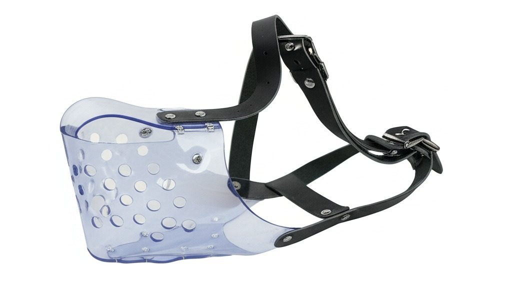 A JAFCO-style clear plastic basket muzzle with tan leather straps, a durable muzzle dog muzzle.