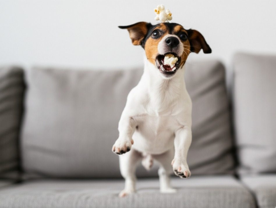A happy dog safely eating a single piece of plain, air-popped popcorn as a treat.