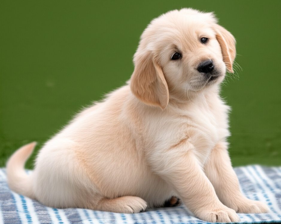A fluffy, healthy Golden Retriever puppy sitting on a clean blanket and tilting its head inquisitively, representing a well-bred puppy.