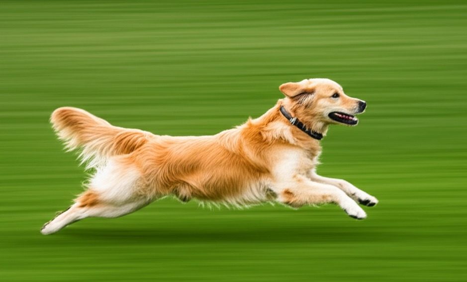 An energetic Golden Retriever running joyfully across a park, demonstrating its high energy and need for exercise.