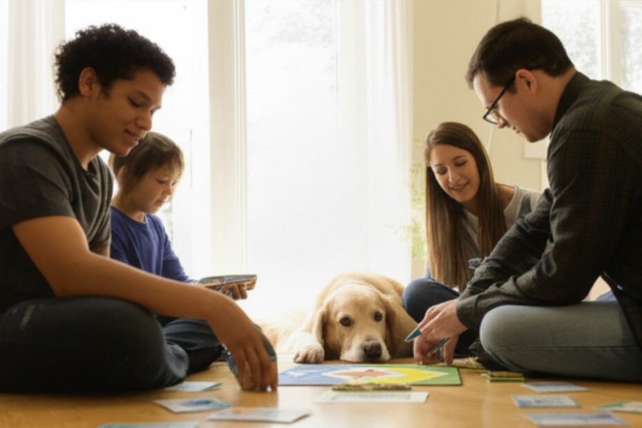 A happy Golden Retriever lies calmly on the floor surrounded by its family as they play a board game, showing the breed's wonderful integration into family life.