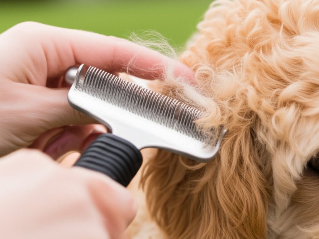 A person grooming a Goldendoodle with a slicker brush to manage its high-maintenance coat.