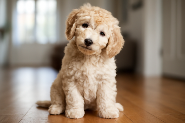 An adorable Goldendoodle puppy sitting in a modern home, representing a popular family-friendly dog.