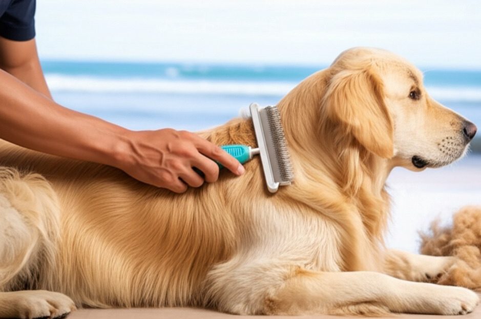 An owner using a grooming brush on a relaxed Golden Retriever, with a pile of shed golden fur on the floor beside them, illustrating the breed's grooming needs.