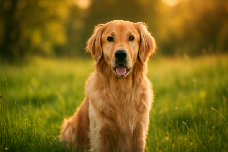 A beautiful adult Golden Retriever sitting in a sunny meadow during the golden hour, looking happy and directly at the camera.