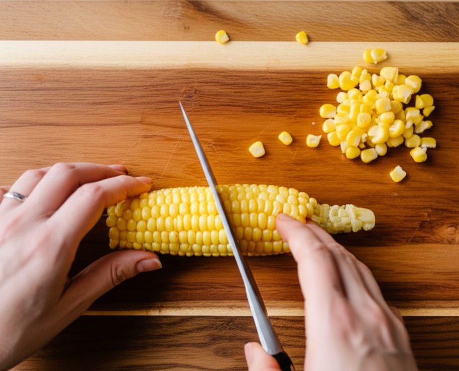 A person safely cutting corn kernels off the cob into a bowl, the correct way to prepare corn for dogs.