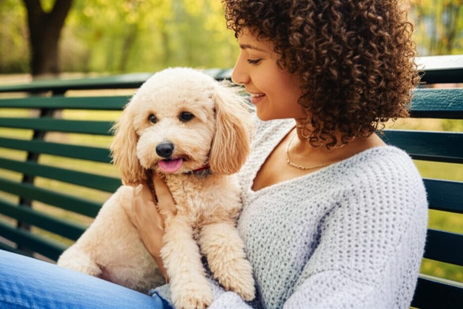 A woman holding a small Mini Goldendoodle to show its compact size.