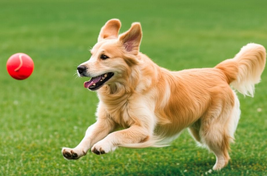 An energetic mini golden retriever running in a field to show its exercise needs.